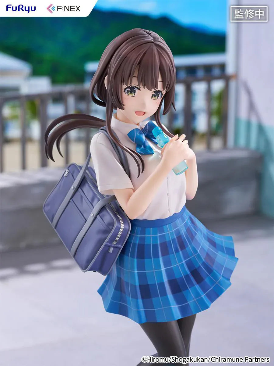 Chitose Is in the Ramune Bottle Yua Uchida 1/7 Scale Figure with brown hair, blue plaid skirt, school uniform outfit, shoulder bag, drink bottle accessory, and display base