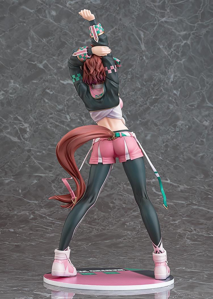 Uma Musume Pretty Derby Dantsu Flame 1/7 scale figure in pink athletic outfit with dynamic stretching pose and themed base