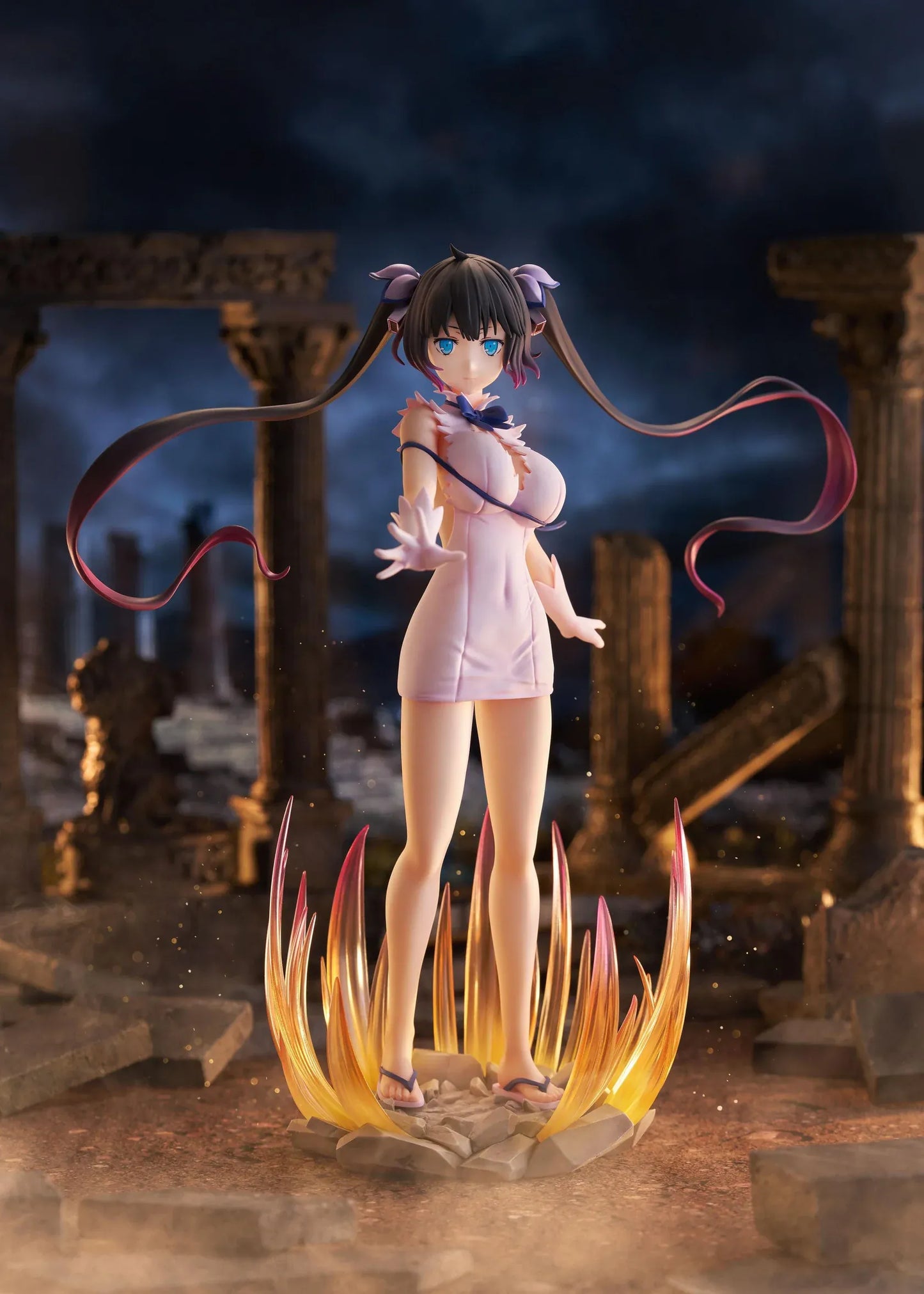 Is It Wrong to Try to Pick Up Girls in a Dungeon V Hestia Divinity Unleashed Limited Edition Ver. 1/7 Scale Figure with twin-tails, white outfit, blue ribbon accents, rocky base, and flame effect parts