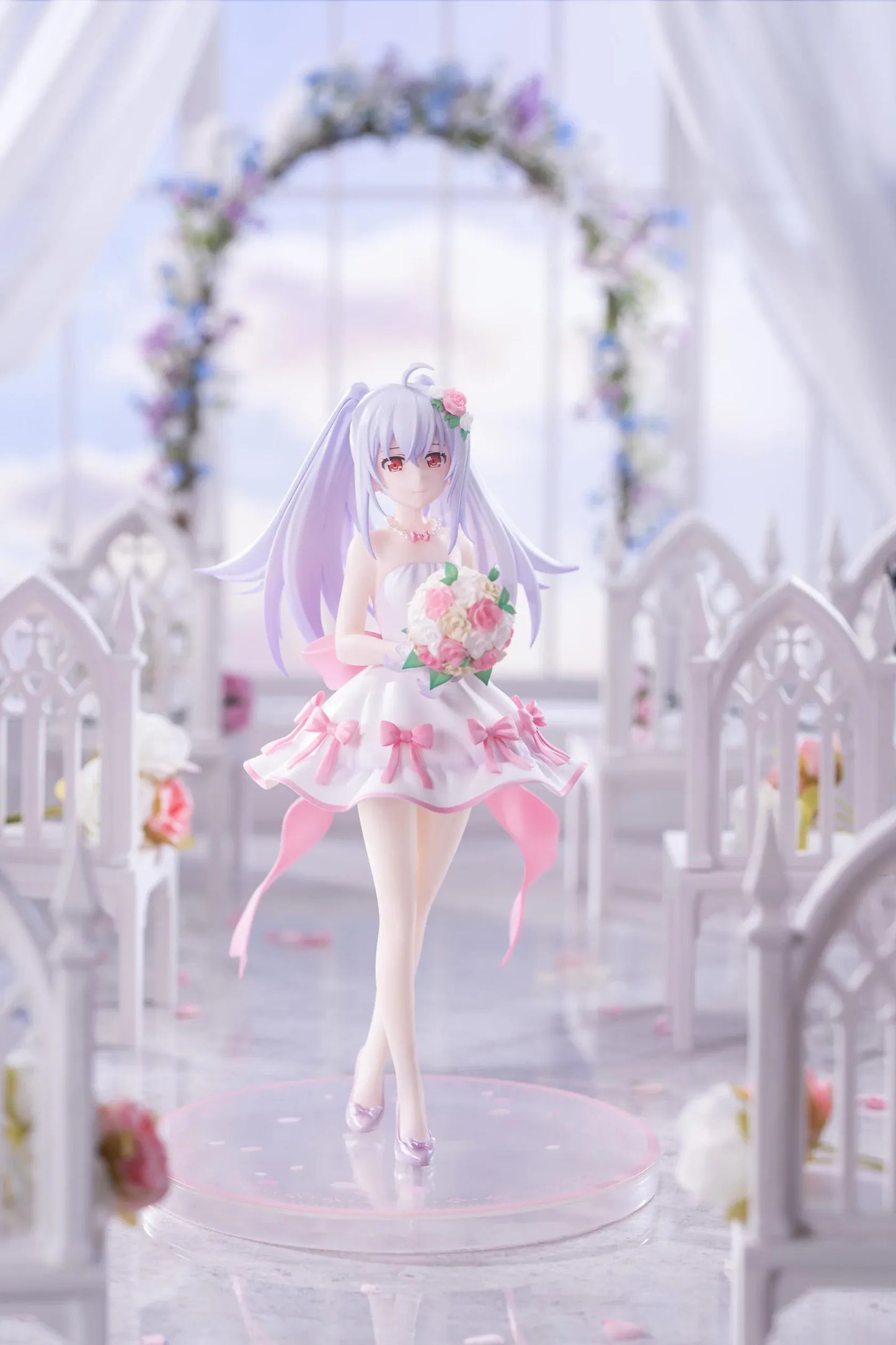 Plastic Memories Isla Wedding Dress Ver. 1/7 Scale Figure wearing a white and pink bridal gown while holding a rose bouquet