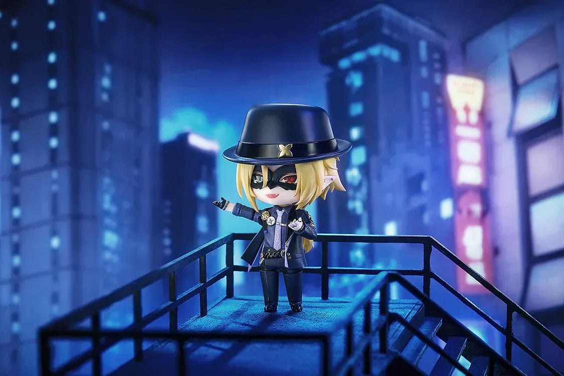 Zenless Zone Zero Nendoroid Hugo Vlad wearing fedora and suit with heterochromatic eyes in chibi style