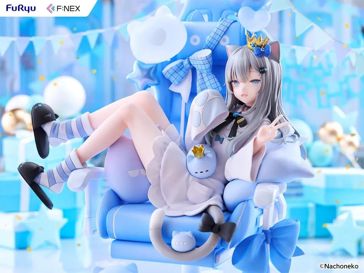 Nachoneko Birthday Ver. 1/7 Scale Figure by FuRyu F featuring a silver-haired cat girl with a golden crown relaxing in a blue gaming chair decorated with balloons, ribbons, and cat accessories.