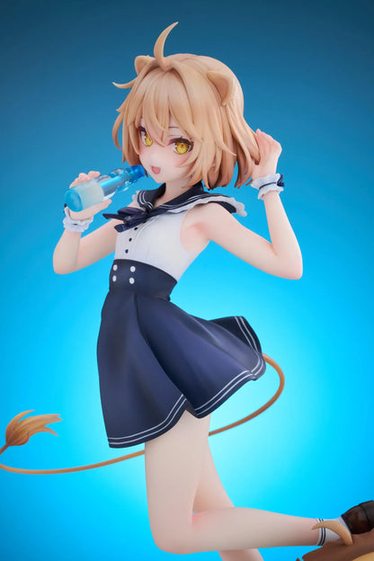 Rurudo Lion Marine Sailor Ver. figure in a navy and white sailor dress and hat, holding a blue bottle beside a chibi lion companion.