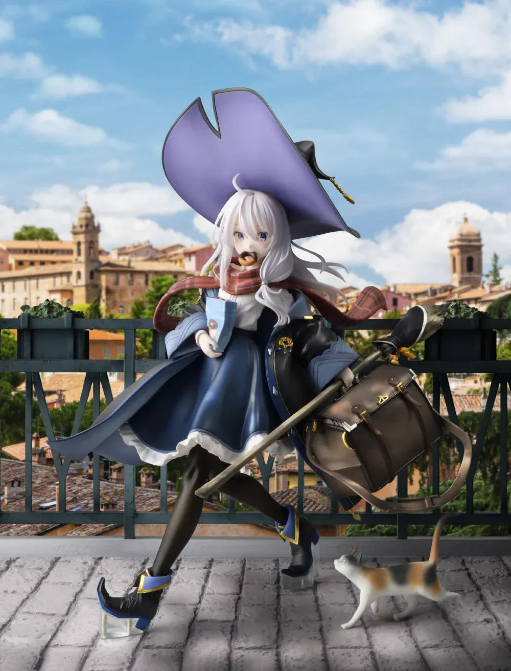 Wandering Witch The Journey of Elaina Elaina DX Ver. 1/7 Scale Figure Rerelease featuring Elaina seated on a bench with witch hat, broom, travel bag, cat, and stone-pavement display base.