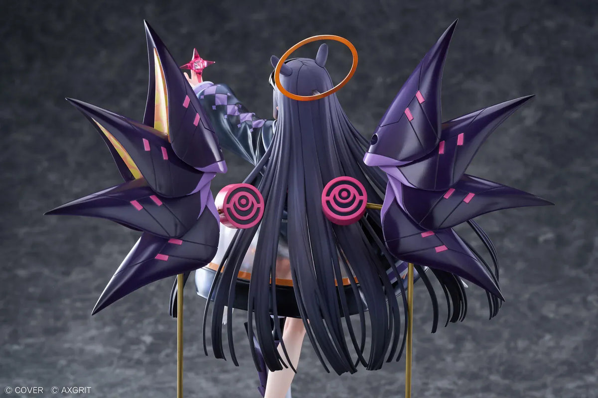 Ninomae Ina’nis AXGRIT Ver. figure with flowing dark hair, an oversized jacket, armored boots, purple mechanical elements, and orange rings above a circular base.