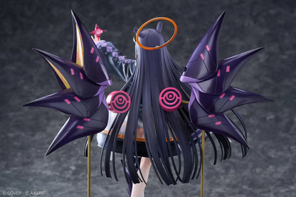 Ninomae Ina’nis AXGRIT Ver. figure with flowing dark hair, an oversized jacket, armored boots, purple mechanical elements, and orange rings above a circular base.