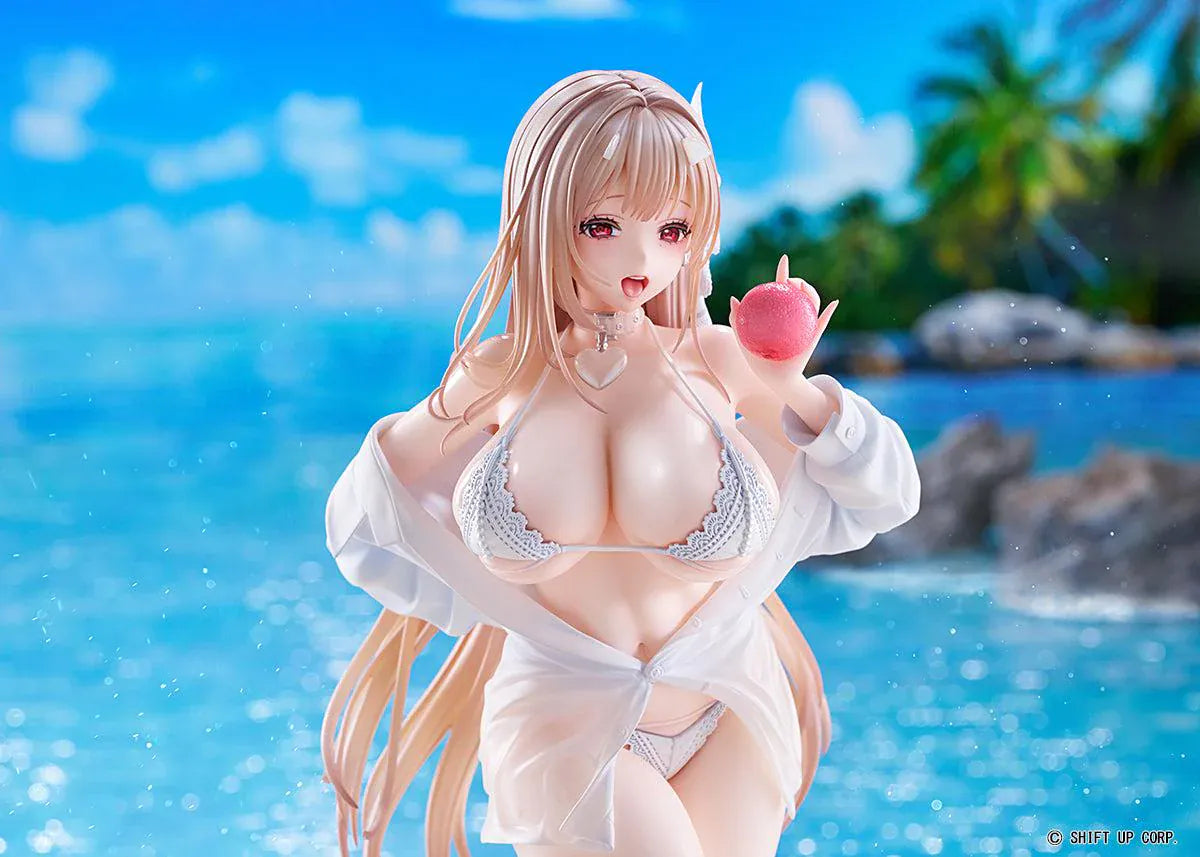 GODDESS OF VICTORY NIKKE Viper Shine of Love 1/7 Scale Figure with long hair, white beachwear-inspired outfit, apple accessory, and beach display base