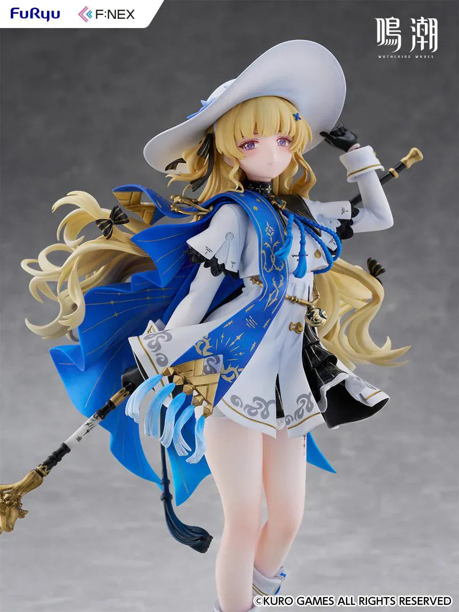 Wuthering Waves Phoebe 1/7 scale figure by FuRyu F:NEX featuring blue and white outfit with staff on floral garden base