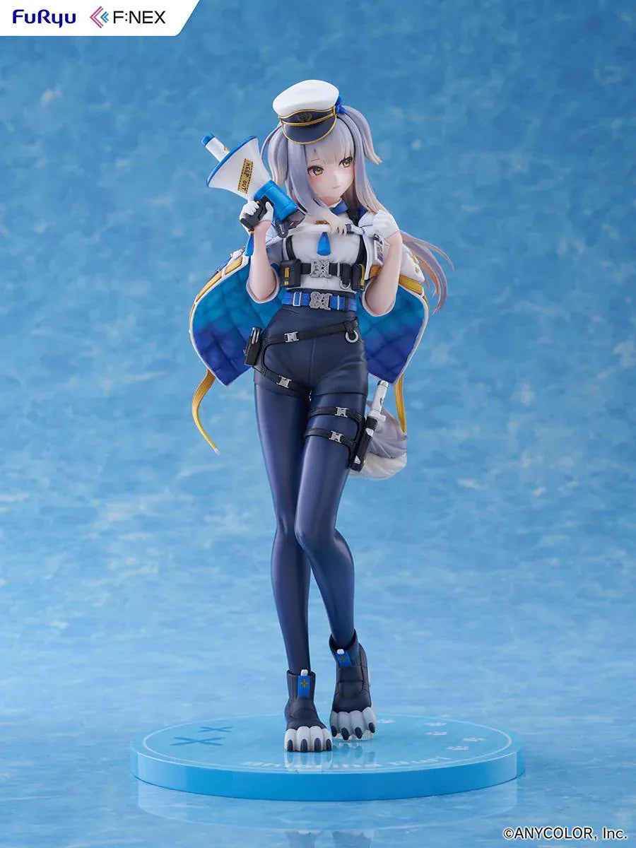 Nijisanji Ruri Shioriha 1/7 scale figure featuring megaphone accessory, silver hair, and detailed blue-and-white outfit