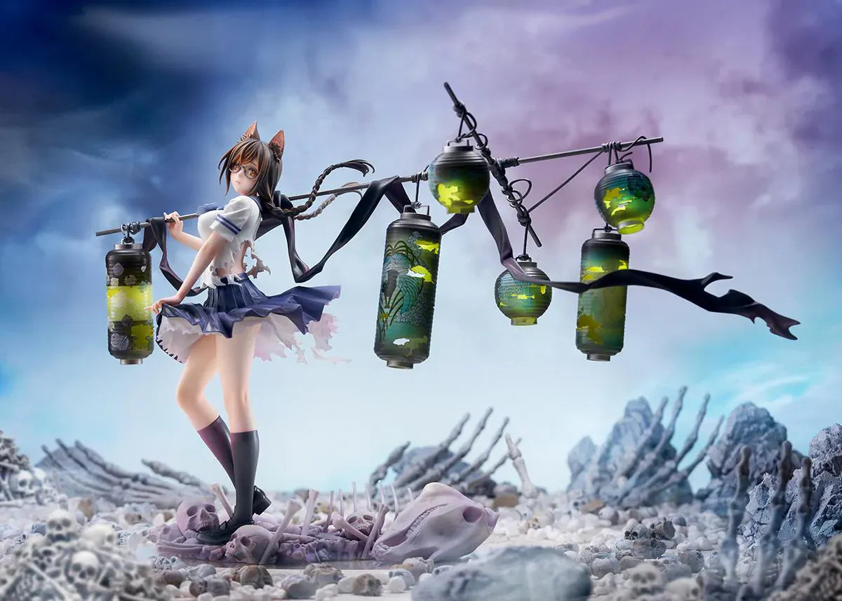 Bakemonogatari Tsubasa Hanekawa 1/7 Scale Figure featuring Tsubasa with cat ears, glasses, flowing hair, lantern display, and supernatural-themed base details.