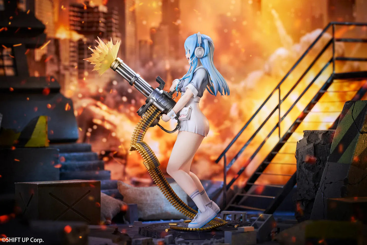 Goddess of Victory Nikke Shifty Illustration Panic Sight Deluxe Ver. 1/7 Scale Figure featuring Shifty with blue hair, tactical outfit, oversized weapon, firing effect, and ammo belt display details.
