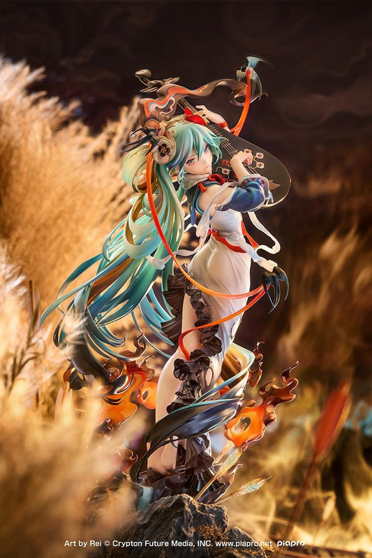 Hatsune Miku Shimian Maifu Ver. 1/7 scale figure featuring flowing turquoise hair, stringed instrument, orange ribbons, flame effects, and detailed fantasy outfit