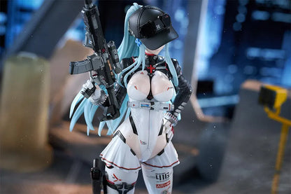 Girls' Frontline 2 Exilium Klukai Speed Star figure with light blue hair, a white and black outfit, cap, goggles, and rifle on a blue display base.