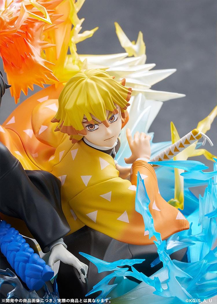 Zenitsu Agatsuma and Kaigaku Demon Slayer figure with lightning effects in dynamic battle pose