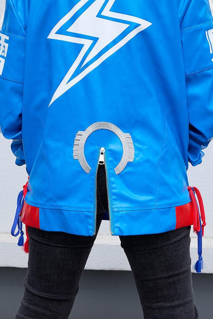 Umamusume Pretty Derby Tamamo Cross blue and red faux leather biker jacket with lightning bolt design and kanji symbols