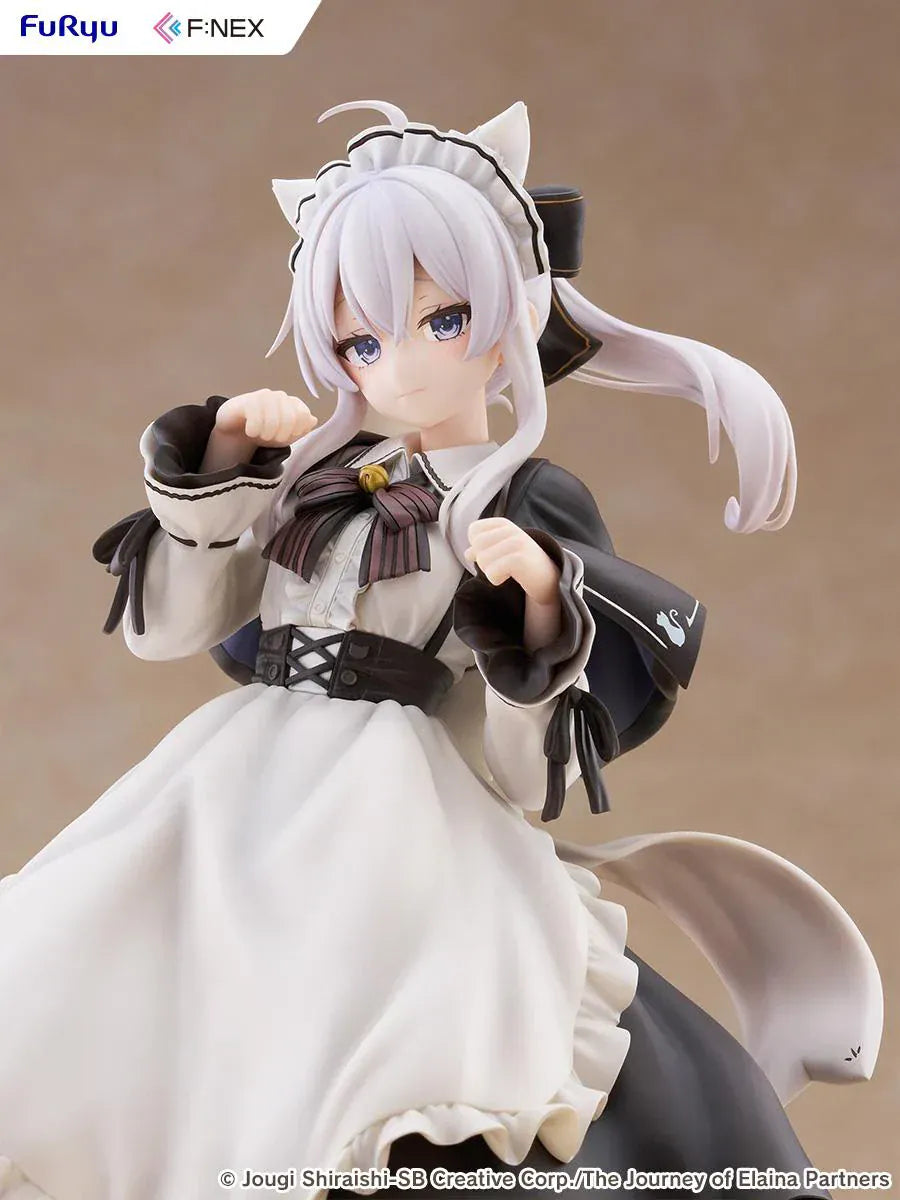 Elaina maid costume with cat ears scale figure from Wandering Witch, standing in a pawing pose with frilled monochrome dress and flowing twin-tail hair.
