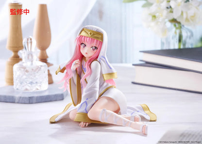 The Familiar of Zero Desktop Cute Louise Miko Outfit Ver. figure seated in a white-and-gold ceremonial outfit with long pink hair.