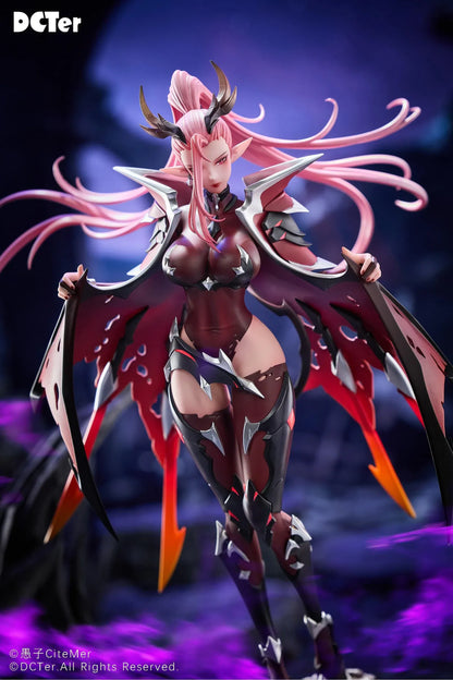 Heslion Draco Bellatrix Feminina 1/7 scale figure with pink hair, curved horns, dark crimson armor, wing-like elements, and a rocky base.