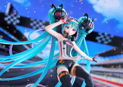 Hatsune Miku Taito Kuji Racing Miku 2026 figure wearing a futuristic racing outfit with flowing turquoise twin-tails and headphones.