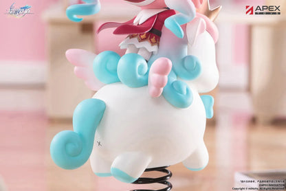 Honkai Star Rail Happy Shake Hyacine Non-Scale Figure by APEX Toys featuring a pink-haired anime girl with turquoise eyes riding a white winged companion with a golden crown and blue bow, mounted on a black spring and white circular base.
