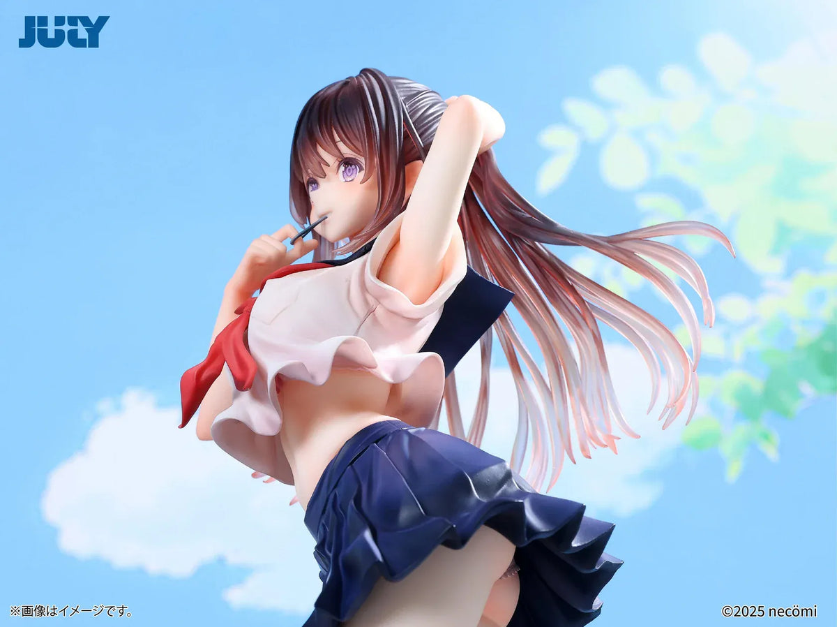 Summer Girl 1/6 Scale Figure featuring a brown-haired anime girl with purple eyes, a white sailor-style top, red necktie, navy-blue pleated skirt, and blue school bag.