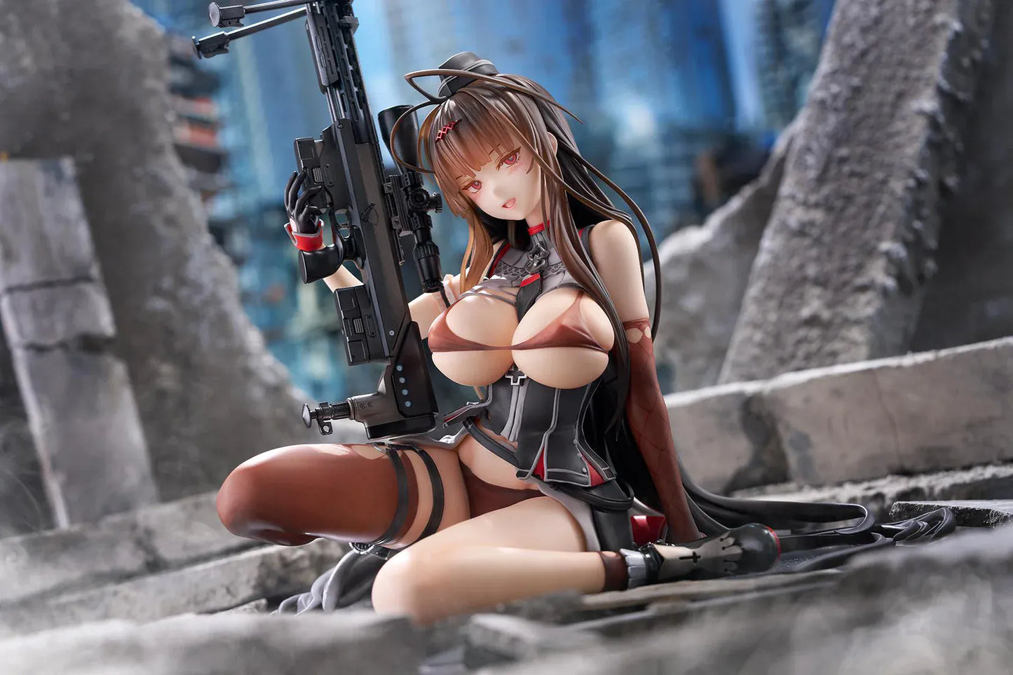 Girls' Frontline GD DSR-50 Heavy Damage 1/7 Scale Figure seated with long brown hair, tactical outfit, sniper rifle accessory, and clear display base
