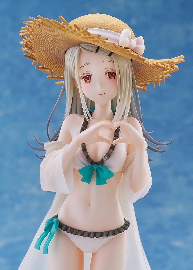 The Idolmaster Gakuen Hiro Shinosawa Swimsuit Ver 1/7 scale figure with straw hat, white swimsuit, and translucent beach cover-up on sand-style base