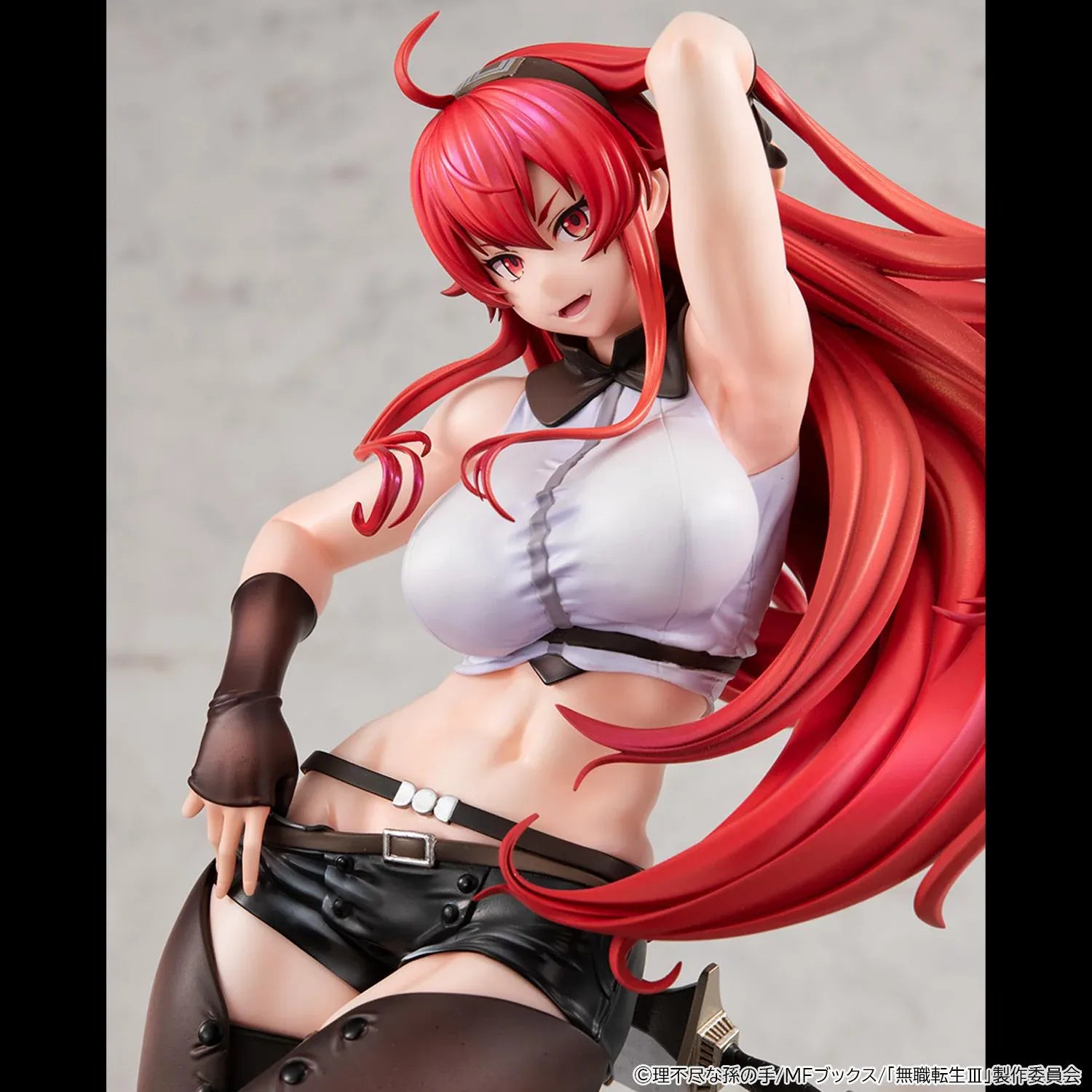 Mushoku Tensei Lucrea Eris Boreas Greyrat Figure with flowing red hair, black and white outfit, and detailed rocky display base