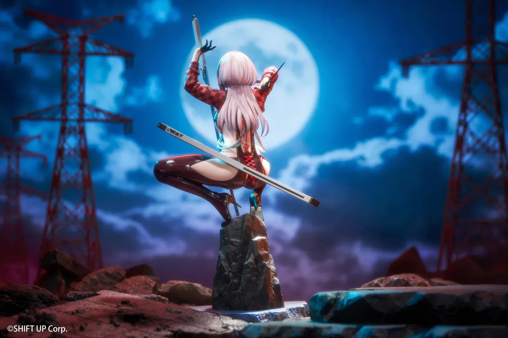 Scarlet Racer's High scale figure from Goddess of Victory: Nikke, crouching on a rocky base with weapons drawn and glossy red combat suit.
