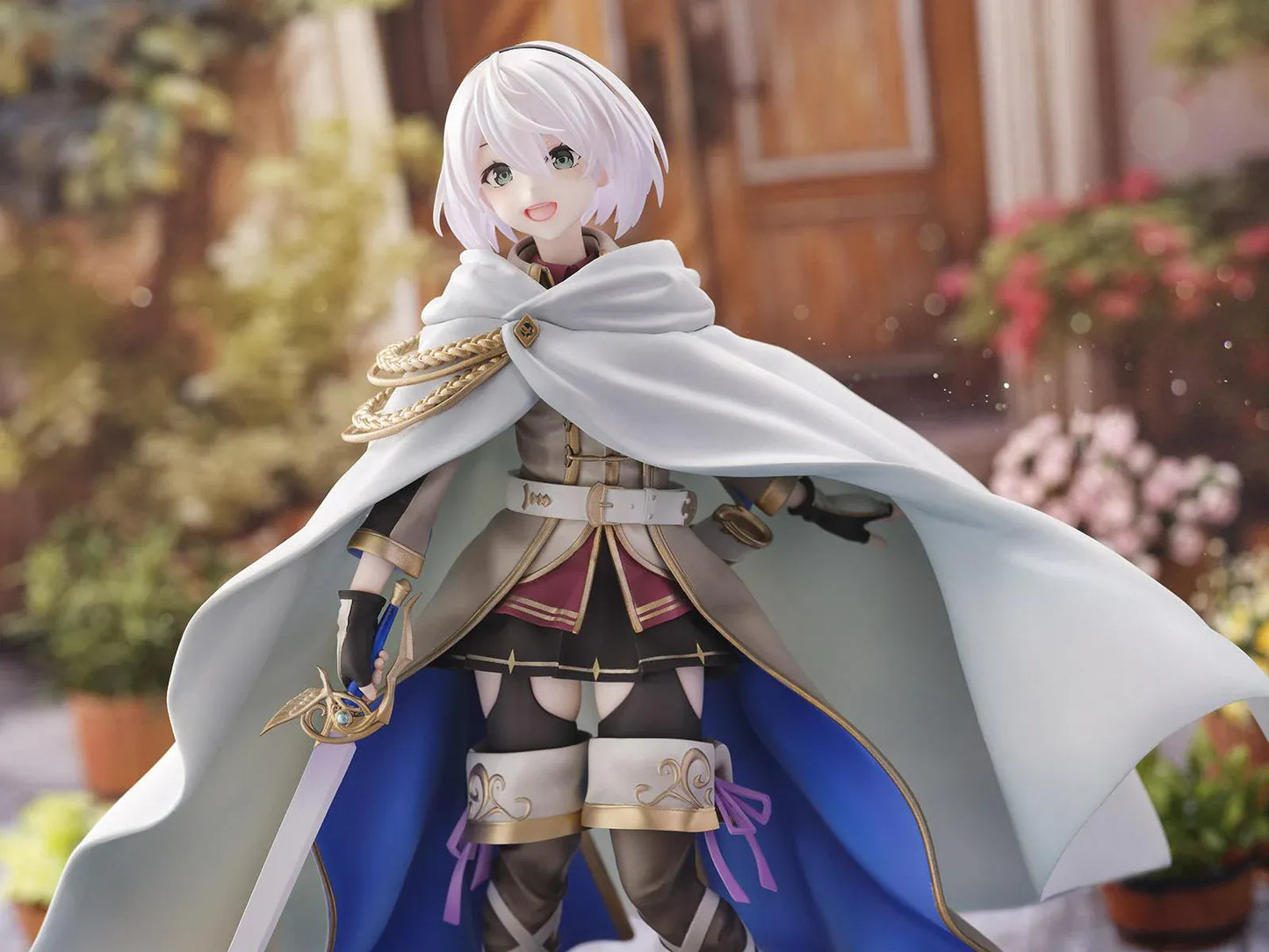 Wandering Witch The Journey of Elaina Amnesia 1/7 Scale Figure featuring Amnesia with short silver hair, white cape, sword, and stone-style display base.