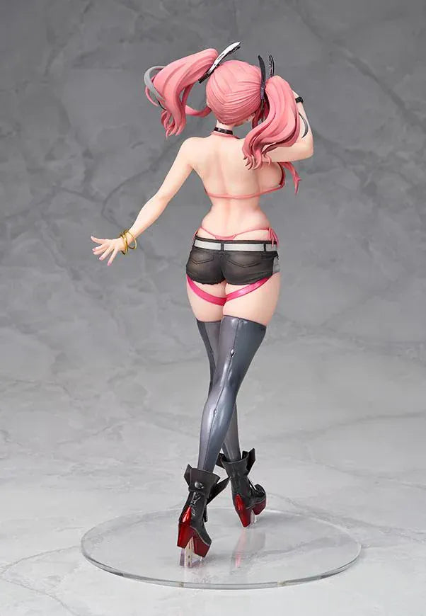 Azur Lane Bremerton 1/7 scale figure with pink twin tails, orange goggles, a navy coat, black shorts, and tall boots in a saluting pose.
