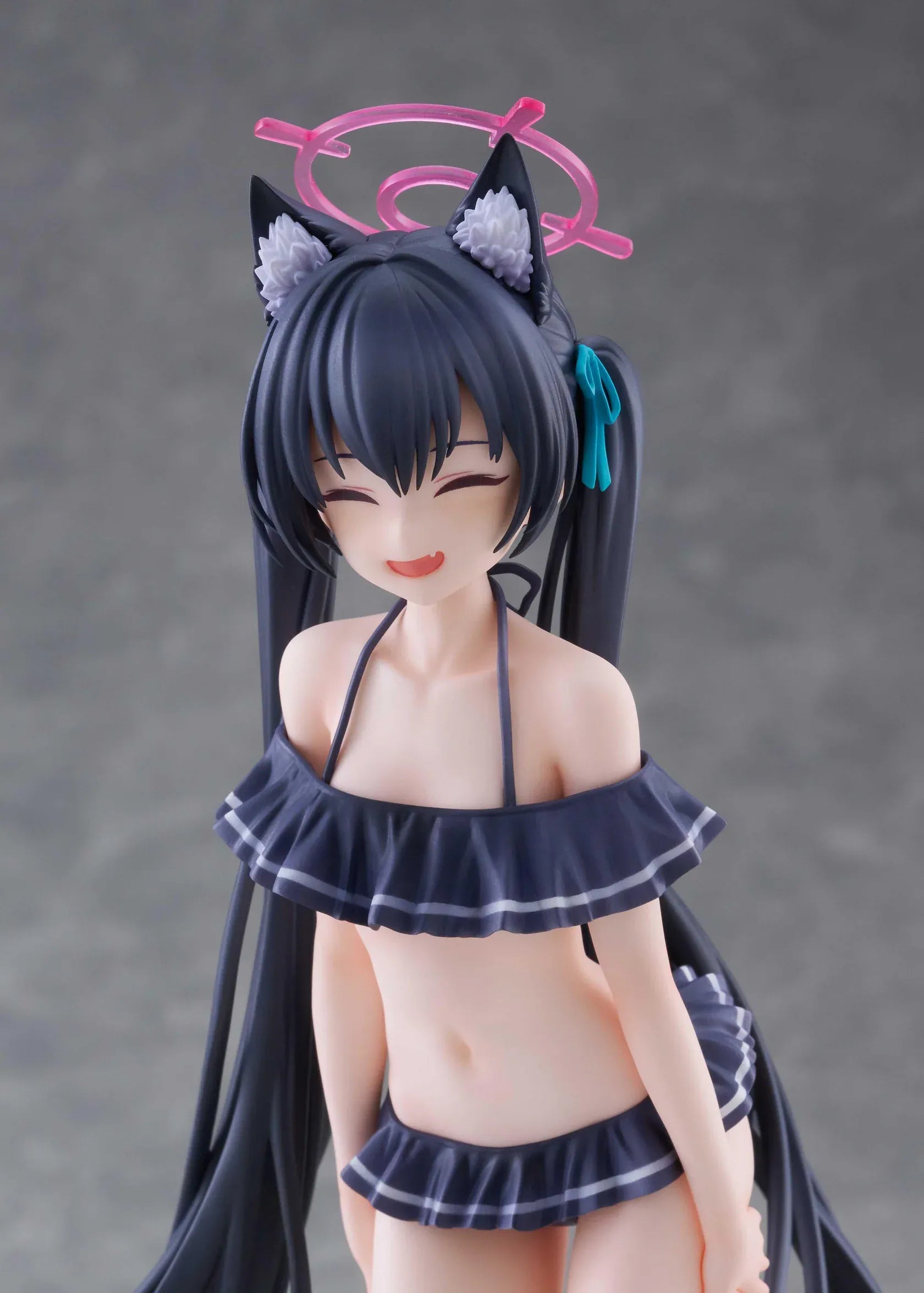 Blue Archive Serika Swimsuit 1/7 Scale Figure featuring Serika with long black hair, cat ears, dark frilled swimsuit, pink halo, platform sandals, and display base.