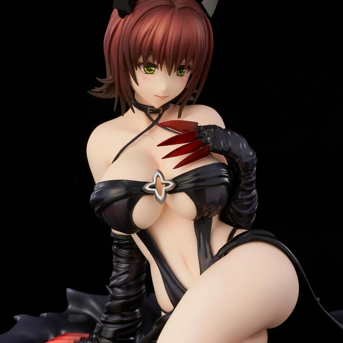To Love-Ru Darkness Ryoko Mikado Darkness Ver. Figure (Rerelease) featuring a short reddish-brown-haired anime woman with green eyes, black horns, a revealing black outfit, long gloves, and red claw-like accents in a seated pose.
