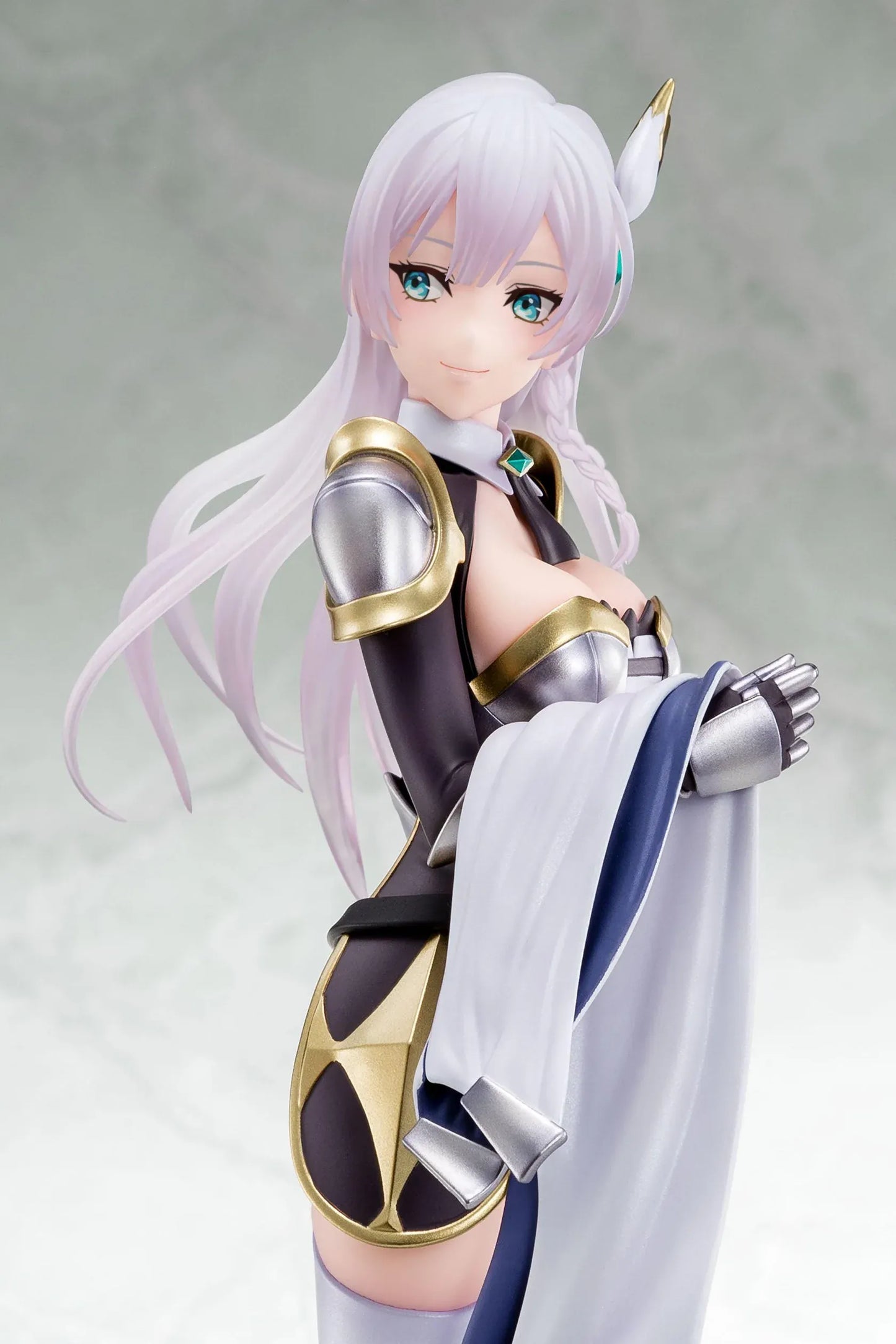 Old Country Bumpkin to Master Swordsman Allucia Citrus 1/6 Scale Figure with pale lavender hair, silver armor, sword accessory, cape, and clear display base