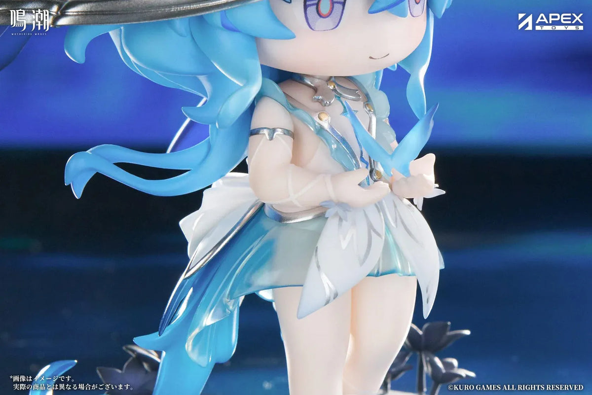 Chibi Shorekeeper Jinseki Series figure with blue hair, a butterfly-decorated headpiece, and a blue butterfly held in her hands, standing on a water-inspired base.