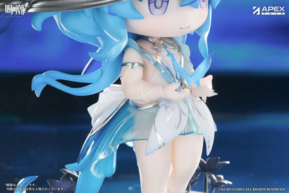 Chibi Shorekeeper Jinseki Series figure with blue hair, a butterfly-decorated headpiece, and a blue butterfly held in her hands, standing on a water-inspired base.