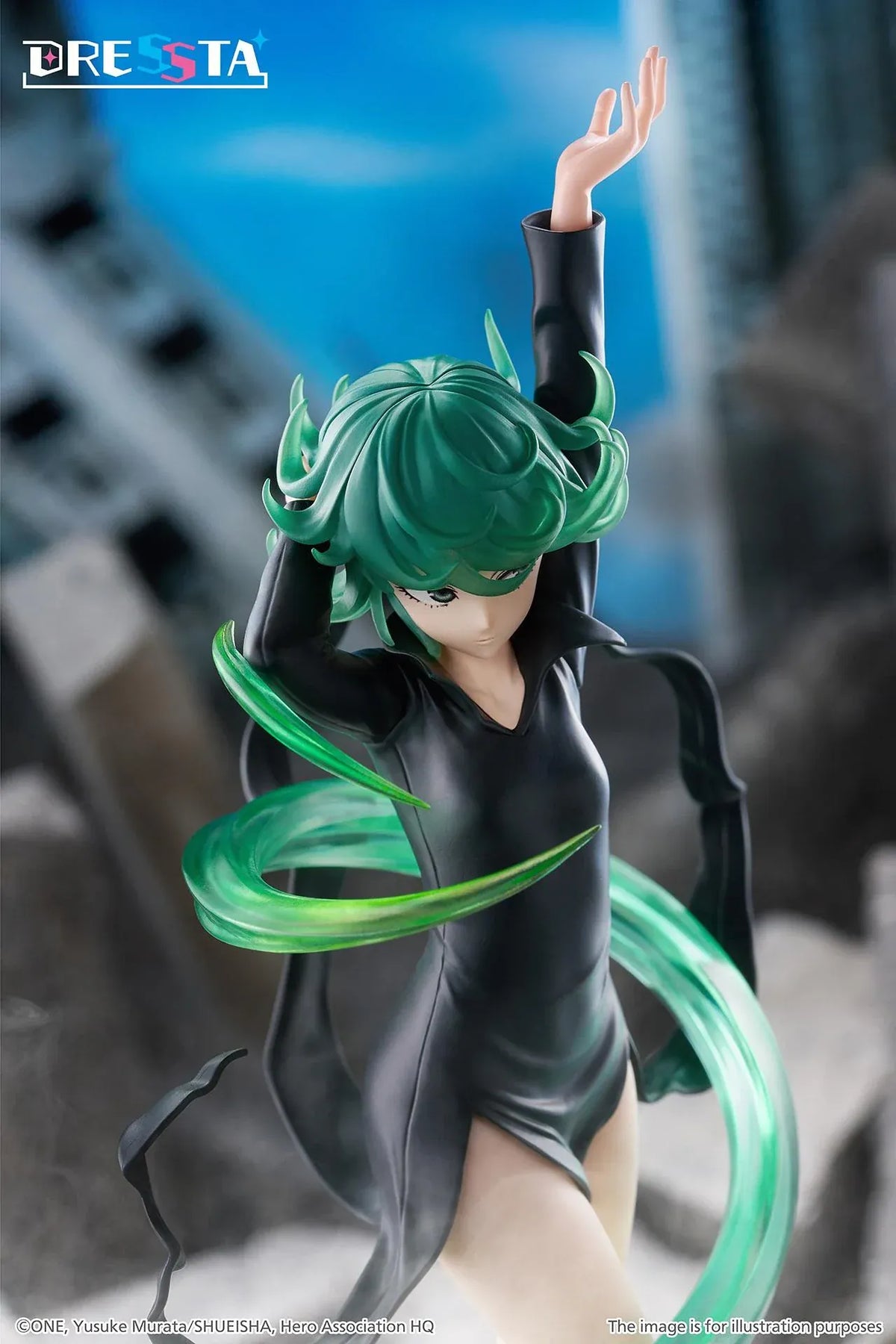 Terrible Tornado Dressta figure floating in a black dress surrounded by translucent green psychic energy effects on a rocky base.