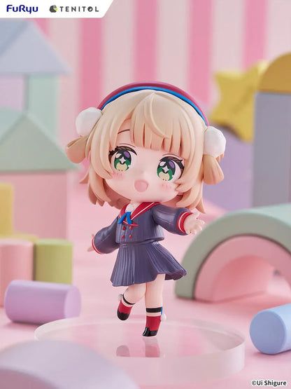 Ui Shigure Tenitol Mini Ui Shigure Figure with blonde hair, green eyes, earmuffs, school uniform outfit, cheerful pose, and round display base