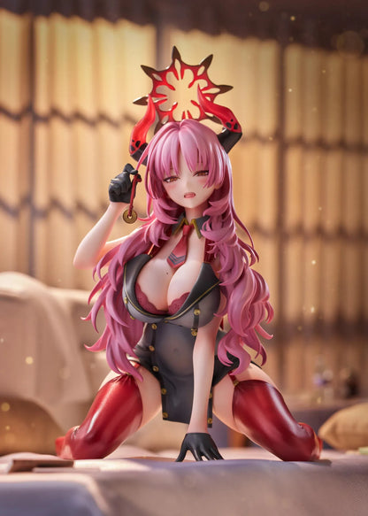 Blue Archive Satsuki Memorial Lobby 1/7 scale figure kneeling in a black-and-red outfit with flowing pink hair, horns, and a dark halo.