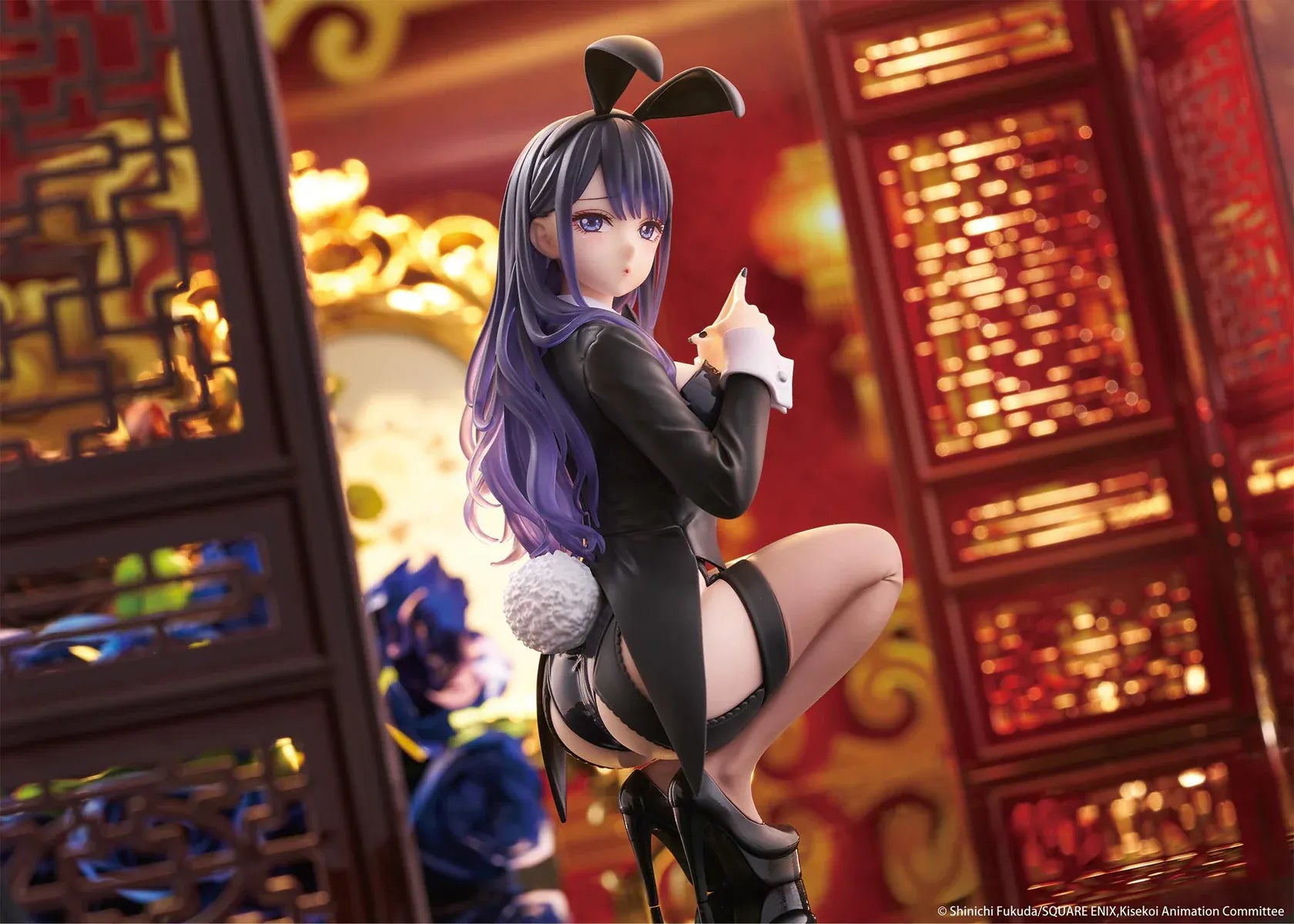 My Dress-Up Darling Desktop Cute Figure Marin Kitagawa Arisa Izayoi Ver. with purple hair, black bunny-style outfit, headband, and crouching pose