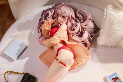 Makia 1/7 scale figure lying on a large fluffy white round base, wearing a cardigan and red lingerie, resting on a purple pillow