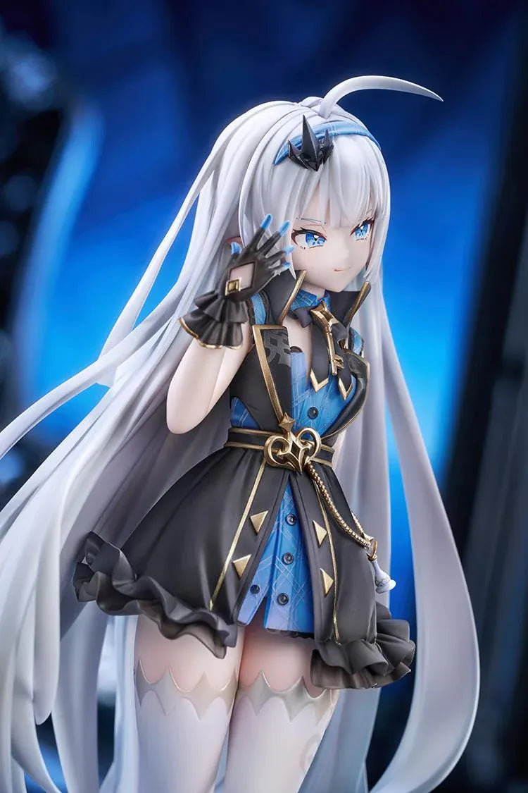Stella Sora female Tyrant 1/7 scale figure with long silver-blue hair, a black-and-blue ruffled outfit, white stockings, and a blue display base.