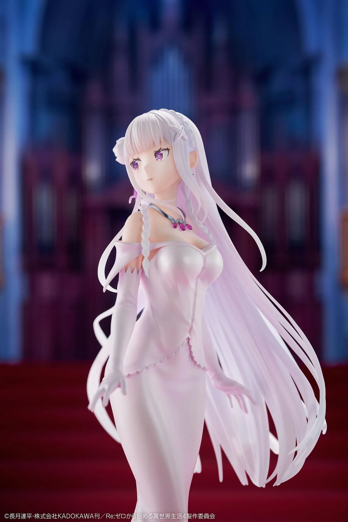 Re Zero Emilia Wedding Dress Ver. 1/7 Scale Figure wearing an elegant flowing white bridal gown with silver hair and floral accessories