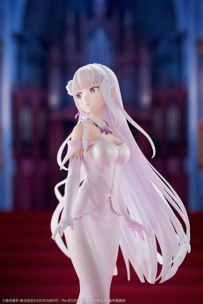 Re Zero Emilia Wedding Dress Ver. 1/7 Scale Figure wearing an elegant flowing white bridal gown with silver hair and floral accessories
