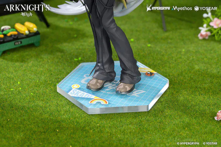Arknights Gift+ Skadi Wildlight Wander Ver. 1/8 Scale Figure featuring Skadi with long white hair, fishing rod accessory, outdoor outfit, hat, and themed display base.