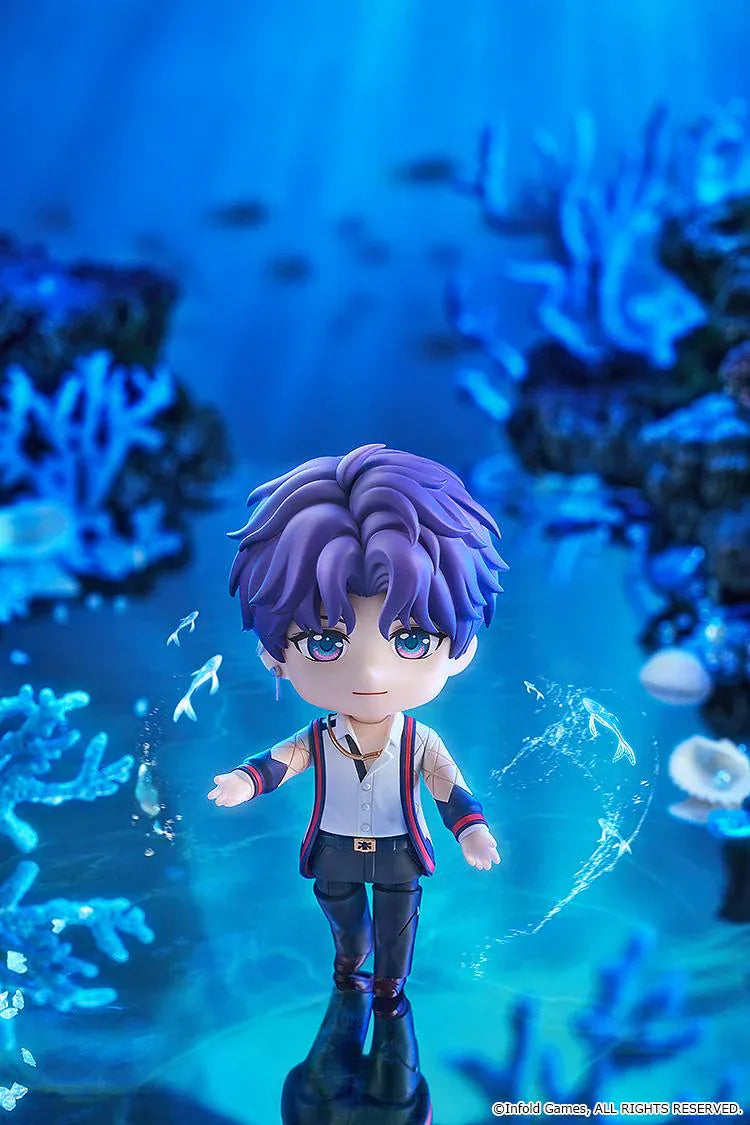 Love and Deepspace Nendoroid Rafayel Figure featuring Rafayel with purple hair, gradient blue-pink eyes, white shirt, dark shorts, tall boots, and stylish jacket details.
