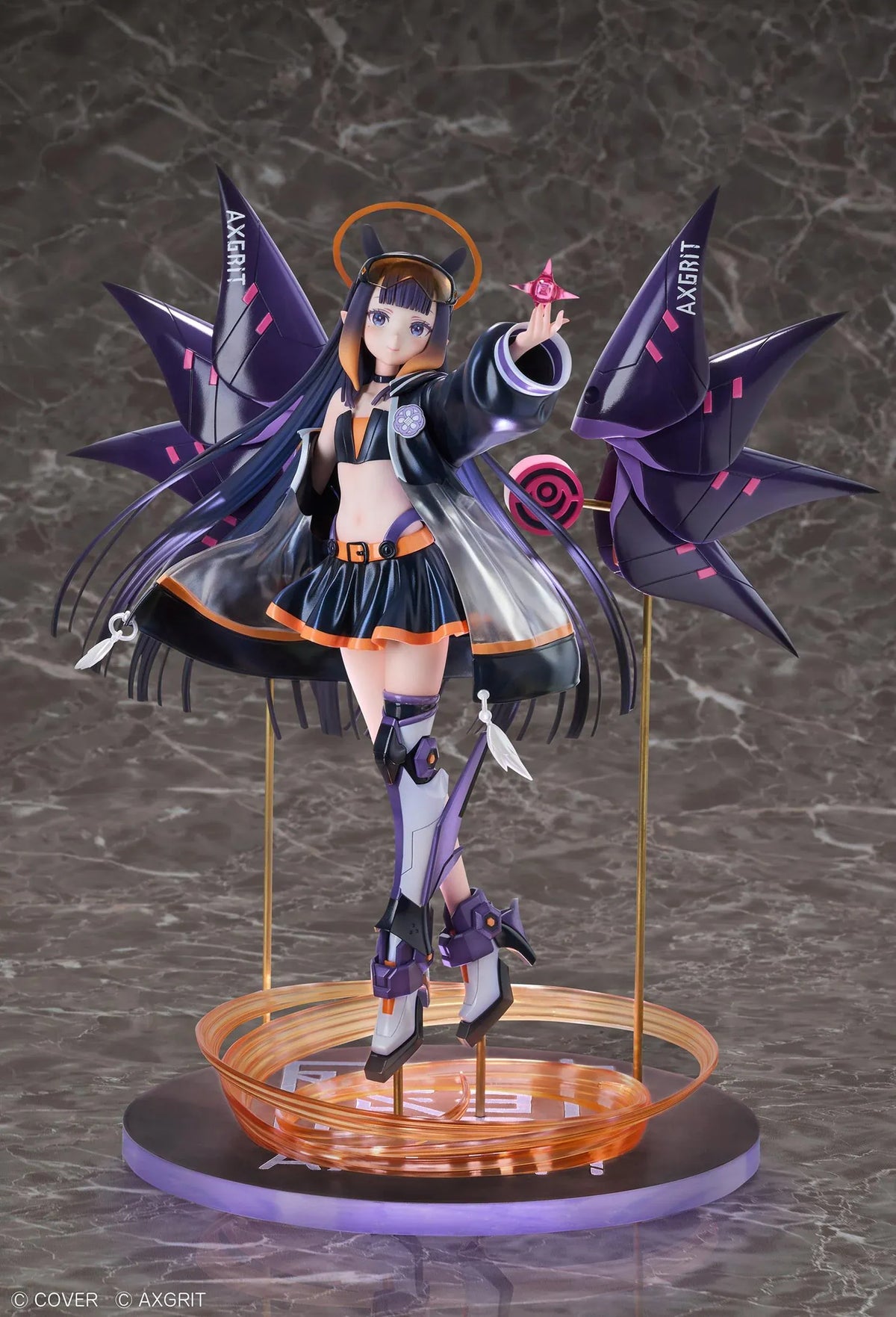Ninomae Ina’nis AXGRIT Ver. figure with flowing dark hair, an oversized jacket, armored boots, purple mechanical elements, and orange rings above a circular base.