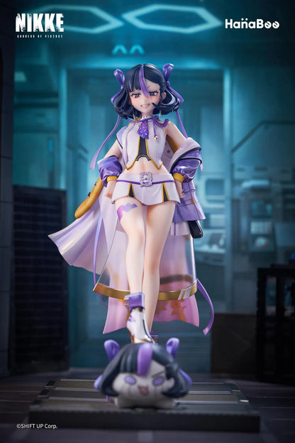 Goddess of Victory Nikke Syuen Deluxe Edition 1/6 Scale Figure featuring Syuen in a white-and-purple outfit with ribbon details, themed base, chibi mascot accent, can badge, and acrylic-style bonus artwork.