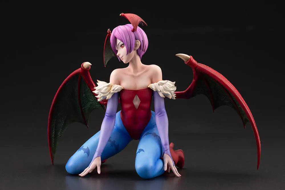 Darkstalkers Lilith 1/7 Scale Figure featuring Lilith with purple hair, bat wing accents, red-and-blue outfit details, and a playful seated pose.