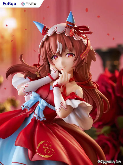 Umamusume Pretty Derby Still in Love 1/7 scale figure in a red and blue performance outfit on a heart-shaped display base